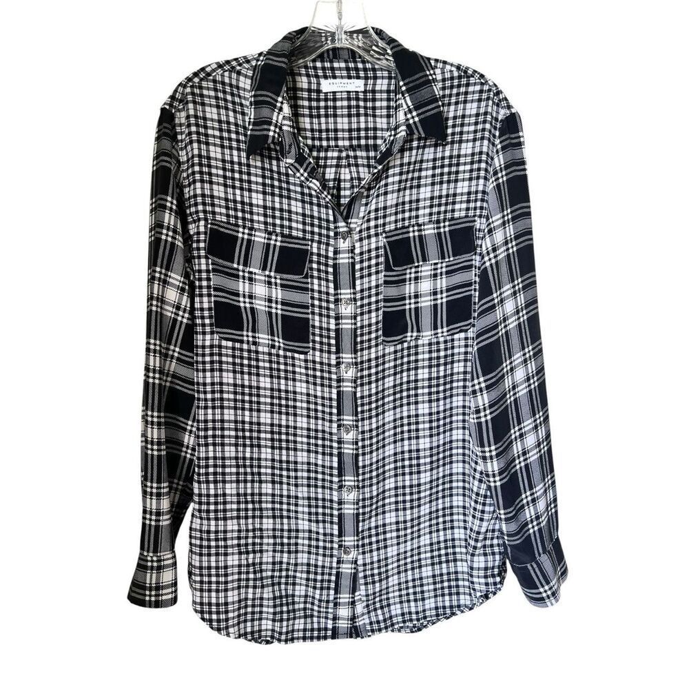 Equipment Femme Black White Silk Plaid Check Classic Minimalist Chic Blouse Sz M